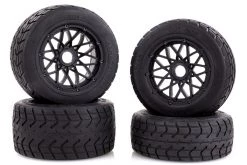 850282A | Rovan 4.7/5.5" Baja 5B Tarmac Buster Tyres On Black Mesh Rims - Beadlocked Wheel Set