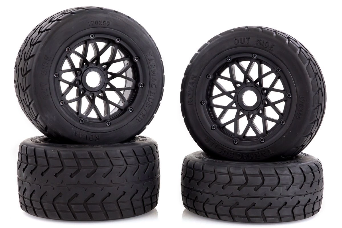 850282A | Rovan 4.7/5.5" Baja 5B Tarmac Buster Tyres On Black Mesh Rims - Beadlocked Wheel Set 3 850282A | Rovan 4.7/5.5" Baja 5B Tarmac Buster Tyres On Black Mesh Rims - Beadlocked Wheel Set