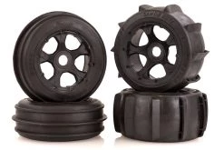 850492A | Rovan 4.7/5.5" Baja 5B Sand Buster Tyres On Black Rims - Beadlocked Wheel Set