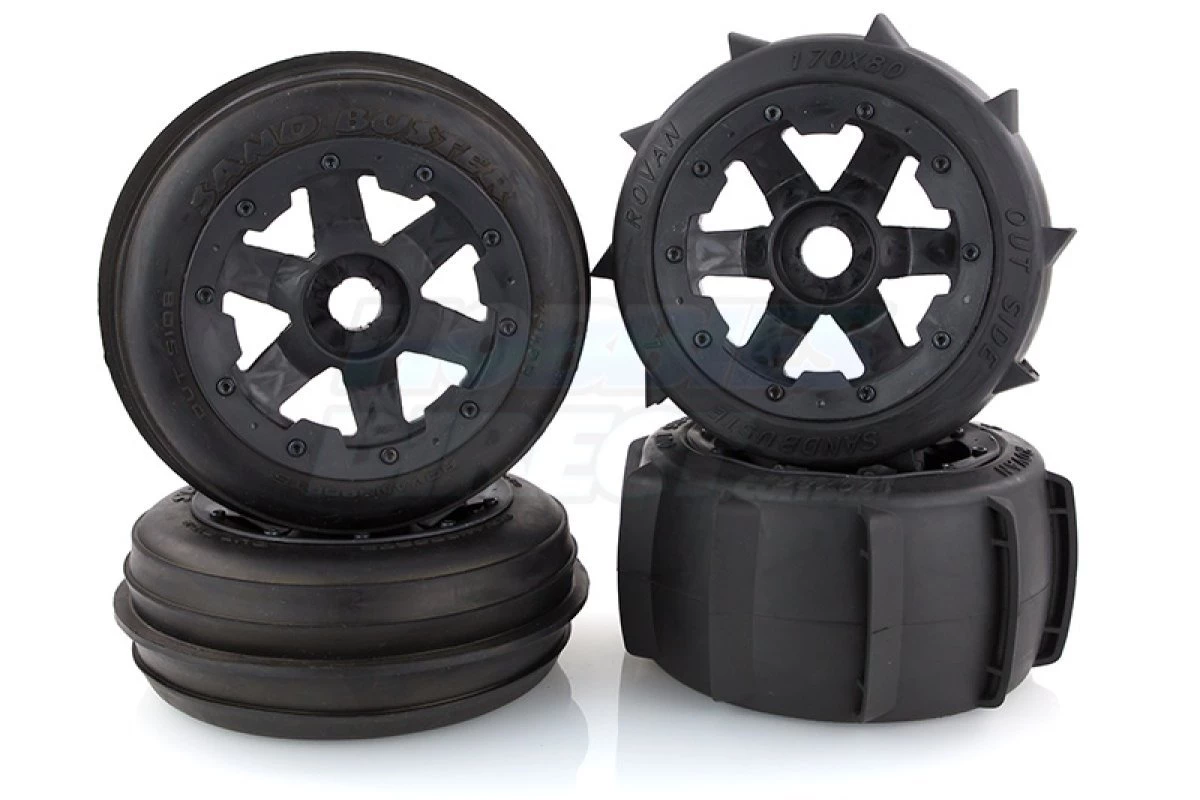 850492 | Rovan 4.7/5.5" Baja 5B Sand Buster Tyres On Black Rims - Beadlocked Wheel Set 3 850492 | Rovan 4.7/5.5" Baja 5B Sand Buster Tyres On Black Rims - Beadlocked Wheel Set