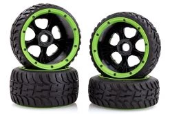 85110B | Rovan 4.7/5.5" Baja 5B Tarmac Buster II Tyres On Black Rims - Beadlocked Wheel Set W/ Green Beadlocks -Deals Rovan Store ROV 85110B 02 1200x800 1