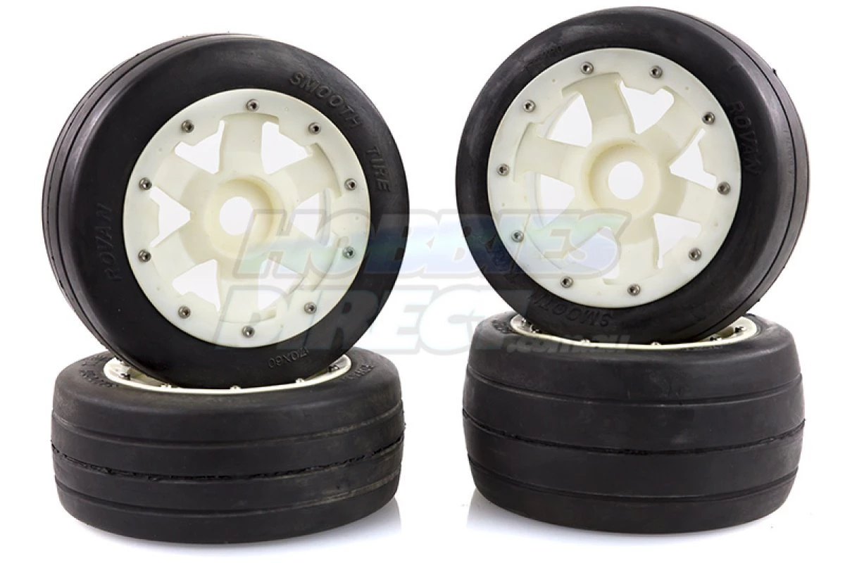 85116 | Rovan 4.7/5.5" Baja 5B Slick Tyres On White Nylon Rims - Beadlocked Wheel Set 3 85116 | Rovan 4.7/5.5" Baja 5B Slick Tyres On White Nylon Rims - Beadlocked Wheel Set